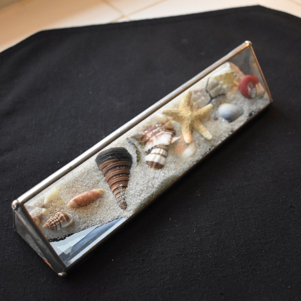 Beveled Glass Prism Triangle Curiosity Box with Shells Sand 8 inch long